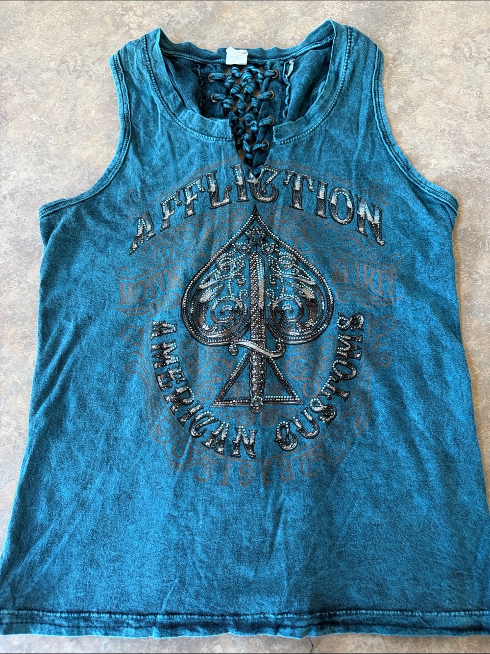 Affliction Teal Lace-Up Graphic Tank Top
